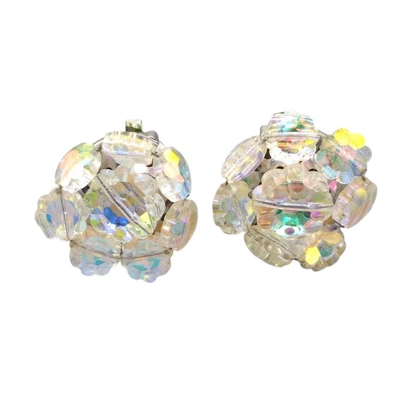 Vintage Flower Shaped Crystal Earrings AB Crystal Clusters - Picture 1 of 4